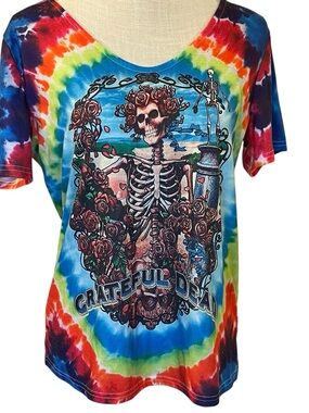 Grateful Dead Rainbow Tie-Dye Short Sleeve Tee with Skeleton Rose Graphic
